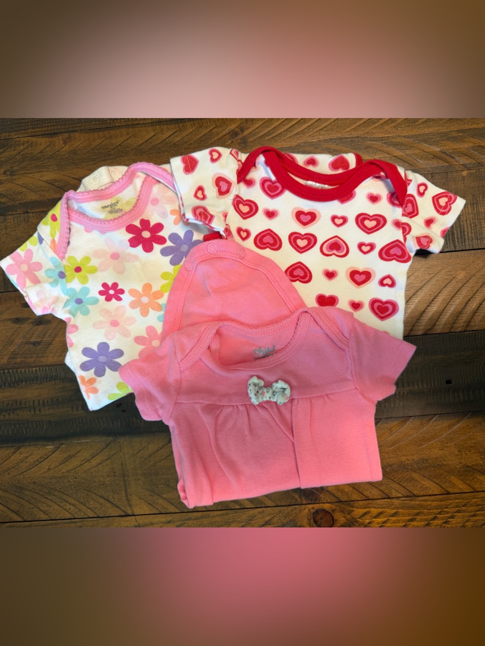 Multiples Pink Red White Floral & Heart Baby Bodysuits - 3 Pack